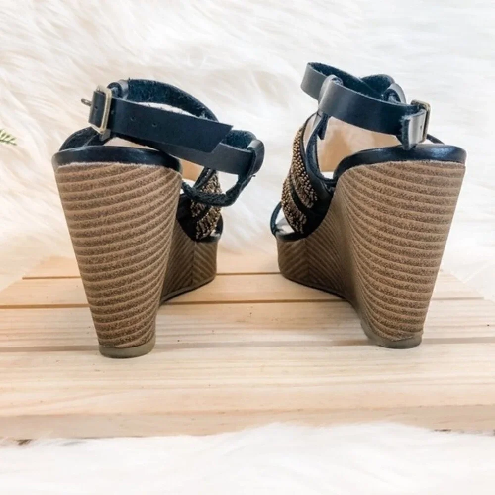 Maurices Mille Platform Sandals Black & Brown‎ Beaded Size 7.5M